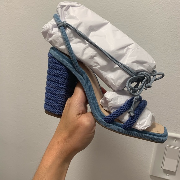 Schutz Leenah Denim Wraparound Lace Up Open Toe Block High Heel Sandals size 5 - Picture 6 of 8